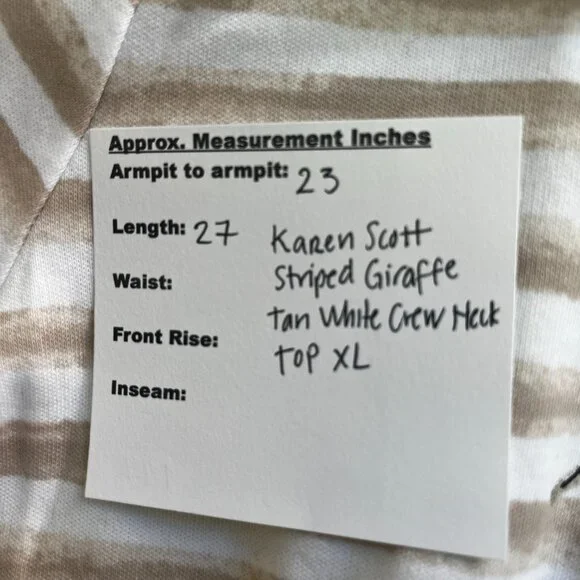 2/$30 Karen Scott Striped Giraffe Tan White Crew Neck Top XL - Picture 5 of 5